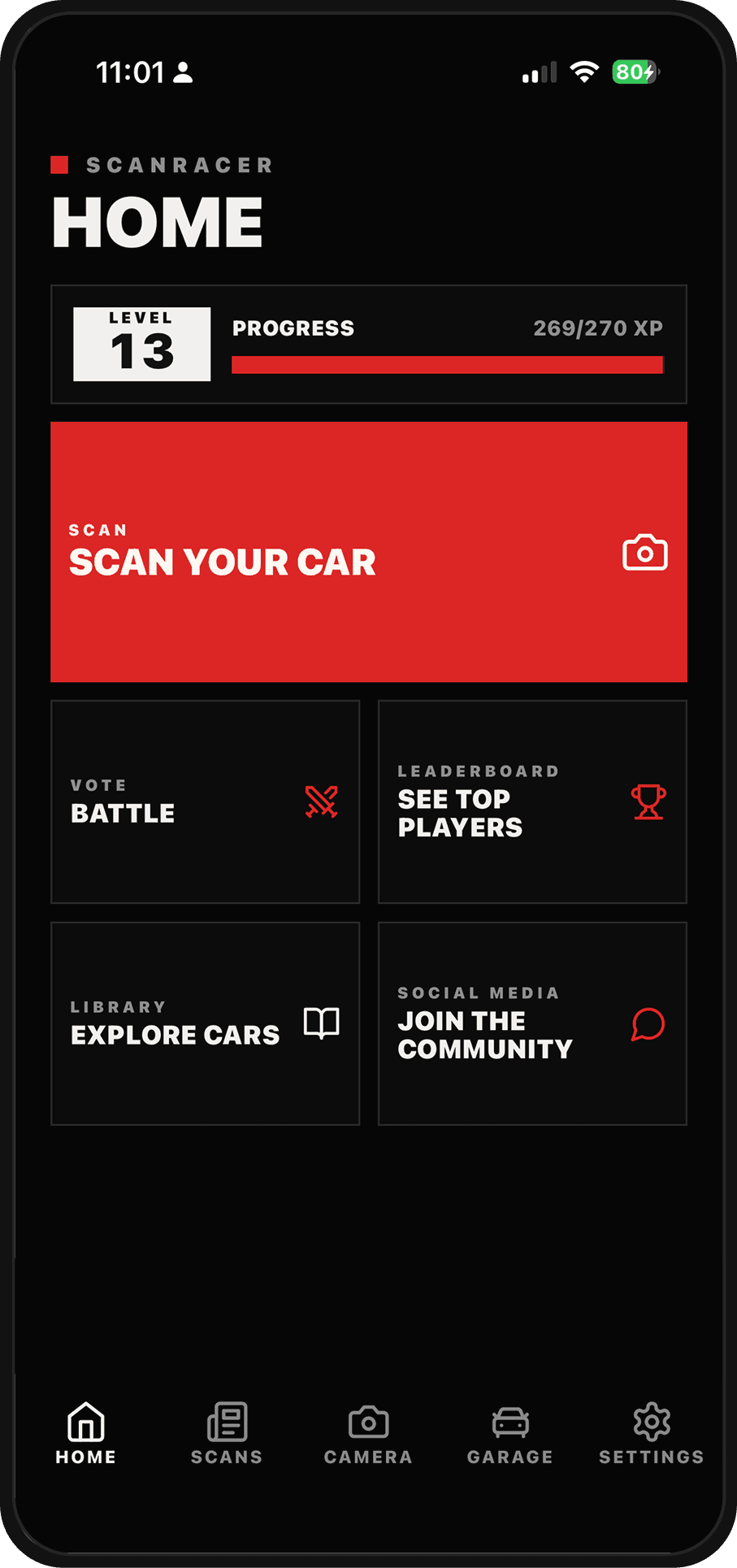 Écran d’accueil de l’application ScanRacer